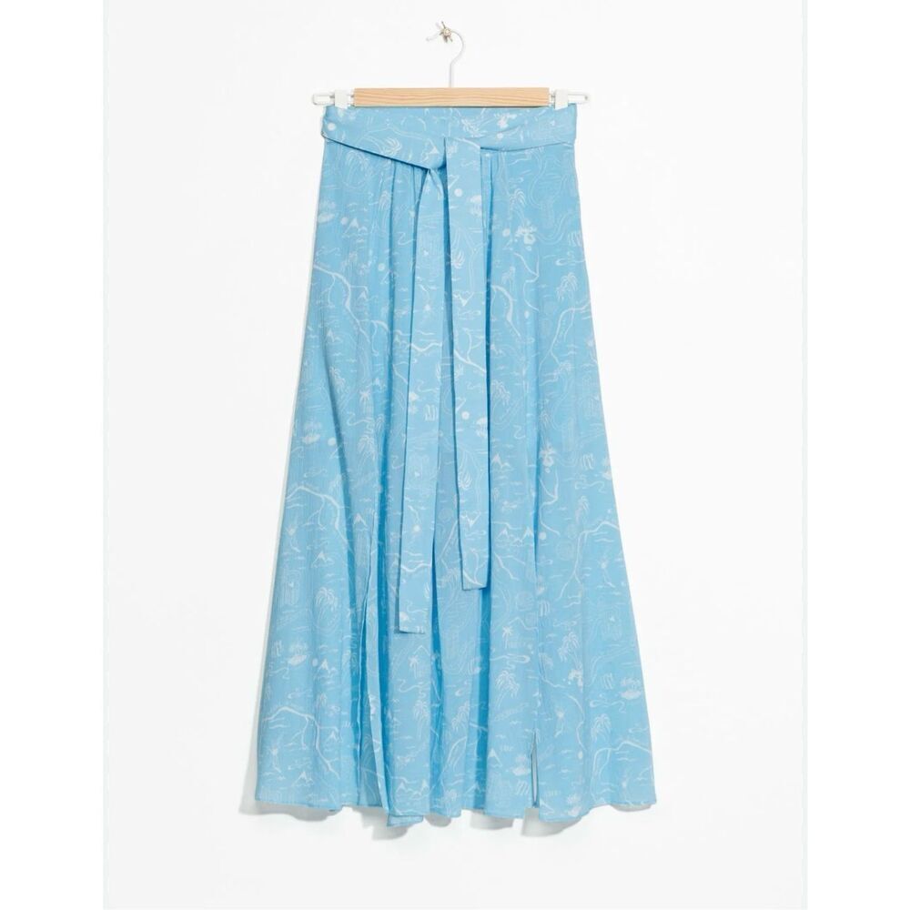 & Other Stories Paris Atelier Slit Crepe Midi Skirt Belt Blue Palm Tree Shell 4 - Picture 3 of 16